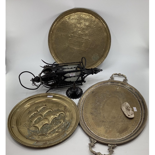 116 - Three large copper trays, 1 with loop handles and work silver plating, together with gothic style bl... 