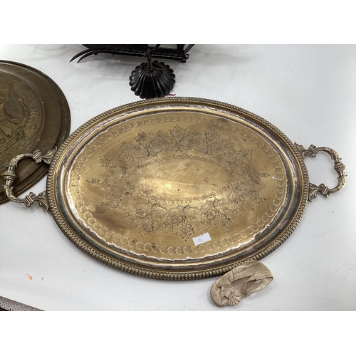 116 - Three large copper trays, 1 with loop handles and work silver plating, together with gothic style bl... 