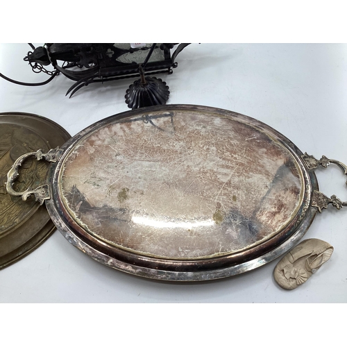 116 - Three large copper trays, 1 with loop handles and work silver plating, together with gothic style bl... 