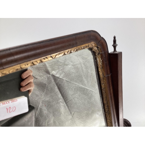 120 - C19th Mahogany swing mirror together with a small C19th dish with inset embroidery panel