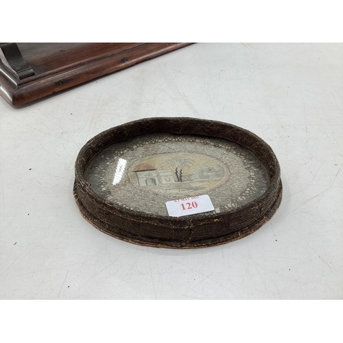 120 - C19th Mahogany swing mirror together with a small C19th dish with inset embroidery panel