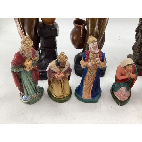 124 - Collection of plaster and ceramic figures to include pair of Bisque Royal Dux style classical figure... 