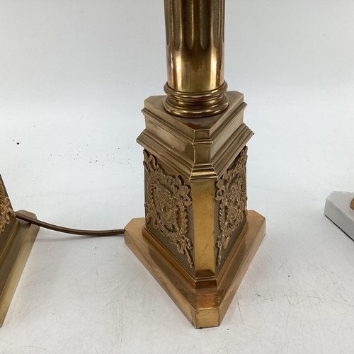 134 - Pair of gilt metal C19th century style column lamps with rectangular bases together with 1 similar 5... 