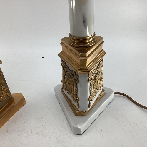 134 - Pair of gilt metal C19th century style column lamps with rectangular bases together with 1 similar 5... 