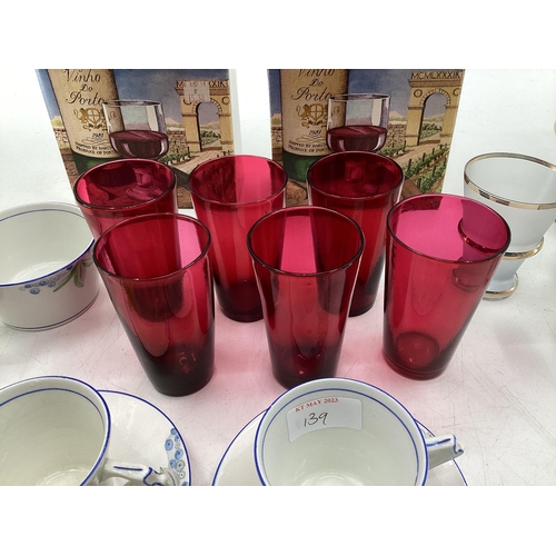 139 - A metalware coffee set, and a set of 6 cranberry glass tumblers, a vintage glass and decanter set an... 