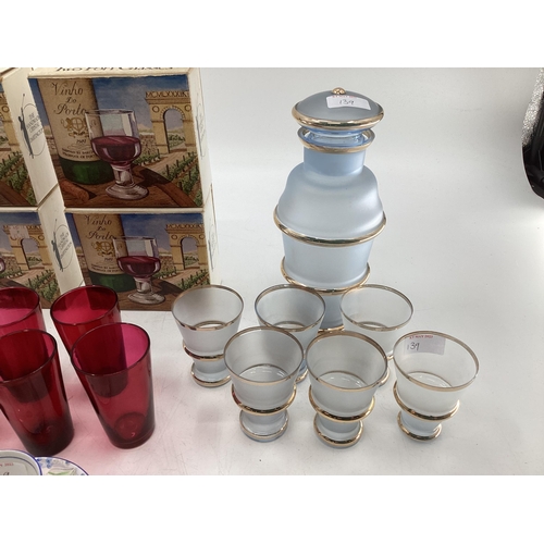 139 - A metalware coffee set, and a set of 6 cranberry glass tumblers, a vintage glass and decanter set an... 