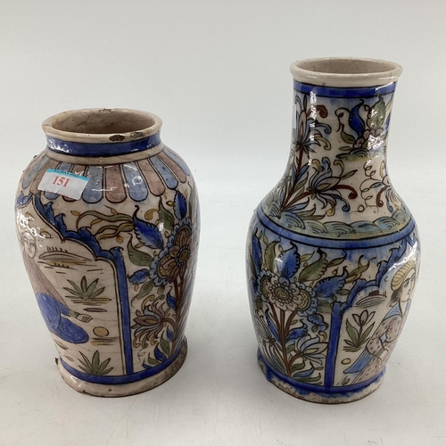 151 - Two late C19th/early C20th Middle Eastern, Iznick Style pottery vases, tallest 26cm