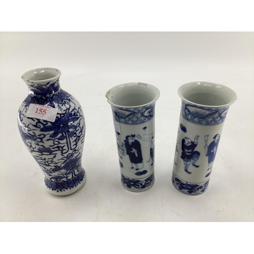 155 - A pair of Chinese blue and white tube vases with flared rim and a blue and white baluster shaped vas... 