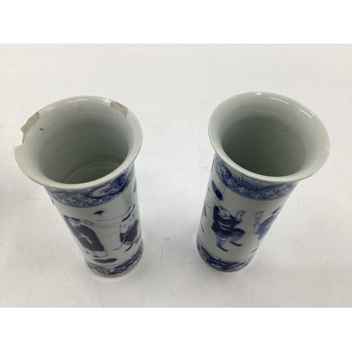 155 - A pair of Chinese blue and white tube vases with flared rim and a blue and white baluster shaped vas... 