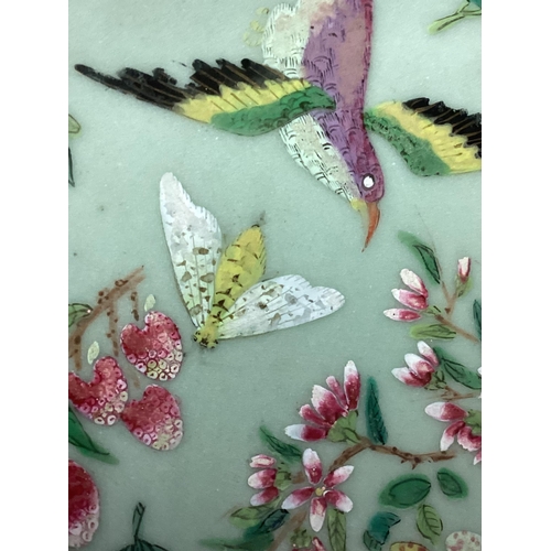 180 - A C19th Chinese Celadon Porcelain plate decorated in Polychrome enamels, birds, butterflies, and flo... 