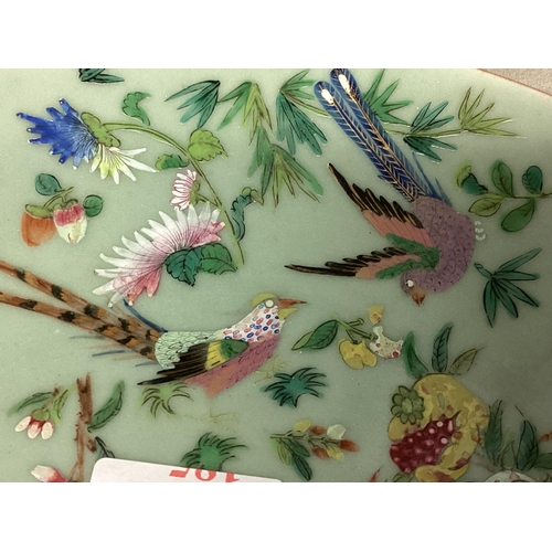 180 - A C19th Chinese Celadon Porcelain plate decorated in Polychrome enamels, birds, butterflies, and flo... 