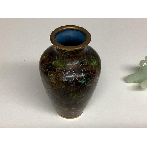 188 - A small cloisonne vase, and a small glass elephant and a jade hardstone items