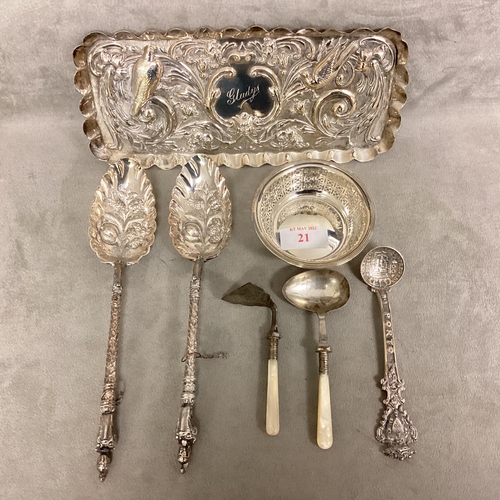 21 - A Collection of Sterling silver and unmarked white metal items to include Repousse Pen tray, Sweet M... 