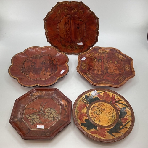 286 - A collection of Chinese C19th style lacquered and gilt decorated wooden platters and dishes, (5), la... 