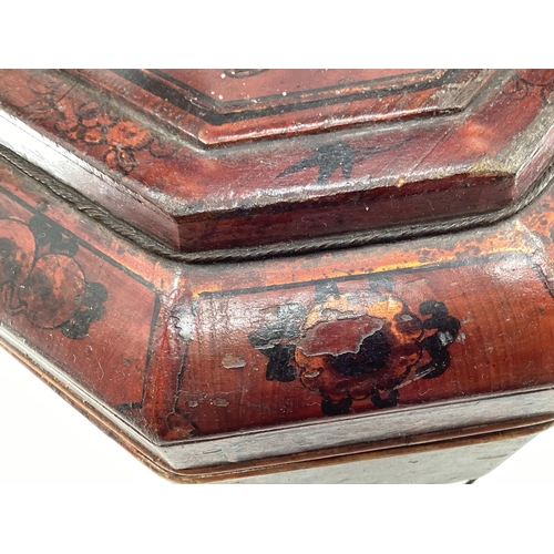 287 - A C19th style Chinese lacquer rice box, of octagonal form with curved handle