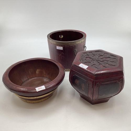 294 - A Chinese C19th style hexagonal hardwood lidded box together with  a brass band bucket and a brass B... 