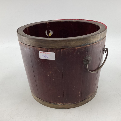 294 - A Chinese C19th style hexagonal hardwood lidded box together with  a brass band bucket and a brass B... 