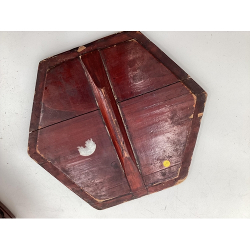 294 - A Chinese C19th style hexagonal hardwood lidded box together with  a brass band bucket and a brass B... 