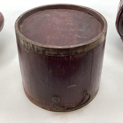 294 - A Chinese C19th style hexagonal hardwood lidded box together with  a brass band bucket and a brass B... 