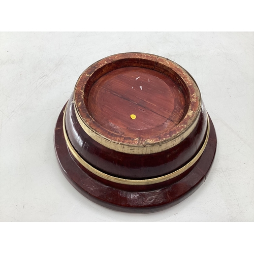 294 - A Chinese C19th style hexagonal hardwood lidded box together with  a brass band bucket and a brass B... 