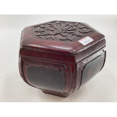 294 - A Chinese C19th style hexagonal hardwood lidded box together with  a brass band bucket and a brass B... 