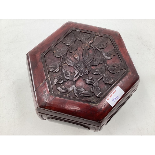 294 - A Chinese C19th style hexagonal hardwood lidded box together with  a brass band bucket and a brass B... 