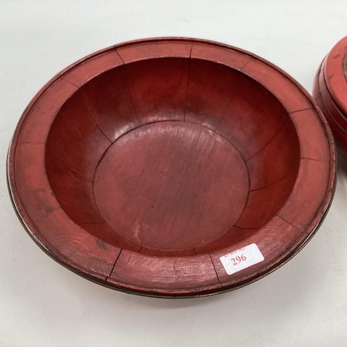 296 - Two Chinese C19th style red lacquer items to include a circular lidded bowl with gilt decoration and... 