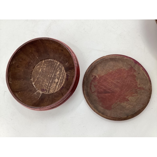 296 - Two Chinese C19th style red lacquer items to include a circular lidded bowl with gilt decoration and... 