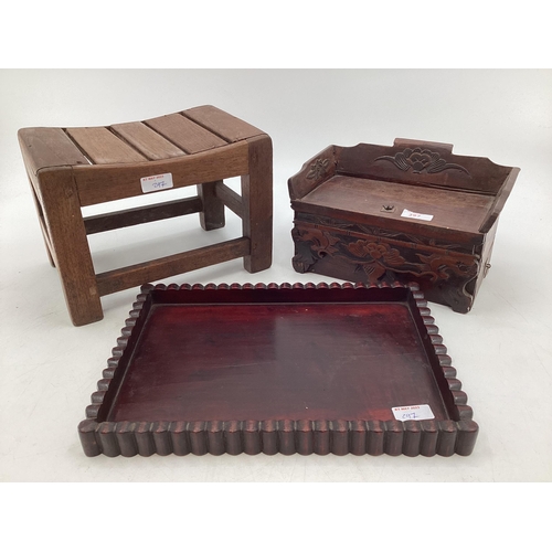 297 - A small Chinese wooden desk tidy together with a hardwood tray and s small stool