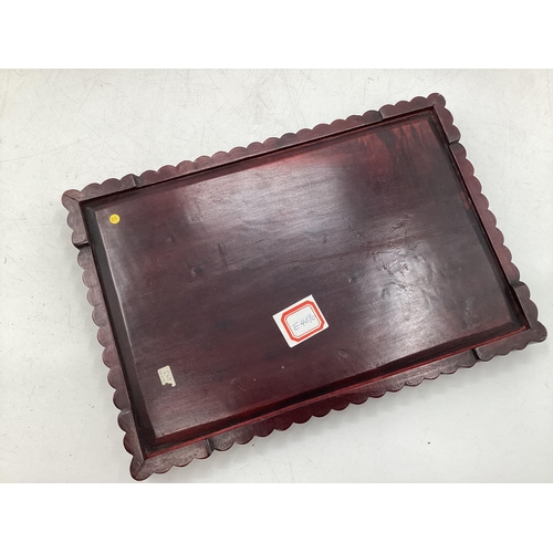 297 - A small Chinese wooden desk tidy together with a hardwood tray and s small stool