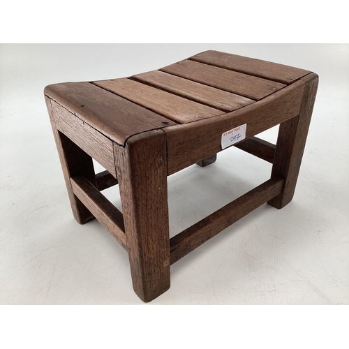 297 - A small Chinese wooden desk tidy together with a hardwood tray and s small stool