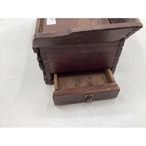 297 - A small Chinese wooden desk tidy together with a hardwood tray and s small stool