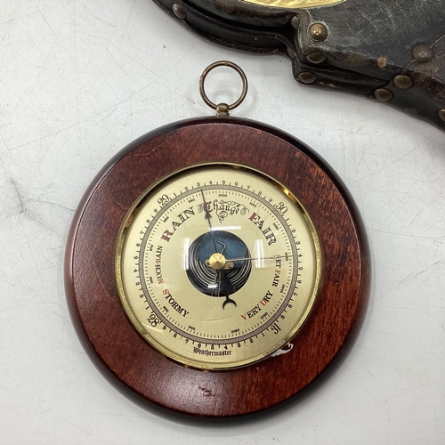 301 - Two fire bellows together with a modern mahogany mounted barometer, and an upholstered stool