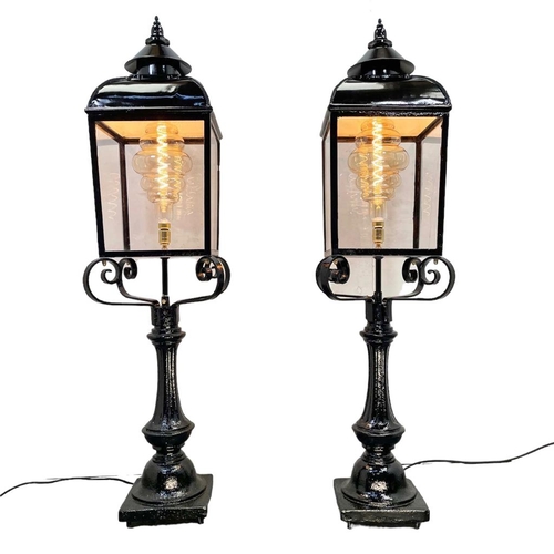 311 - A good pair of cast metal external pedestal lanterns, circa 1900, been recently restored and rejuven... 