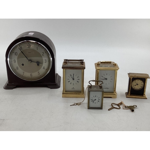 325 - Collection of 4 carriage clocks, and a 1930s 8 day mantle clock with Bakerlight case