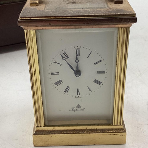 325 - Collection of 4 carriage clocks, and a 1930s 8 day mantle clock with Bakerlight case