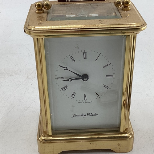 325 - Collection of 4 carriage clocks, and a 1930s 8 day mantle clock with Bakerlight case