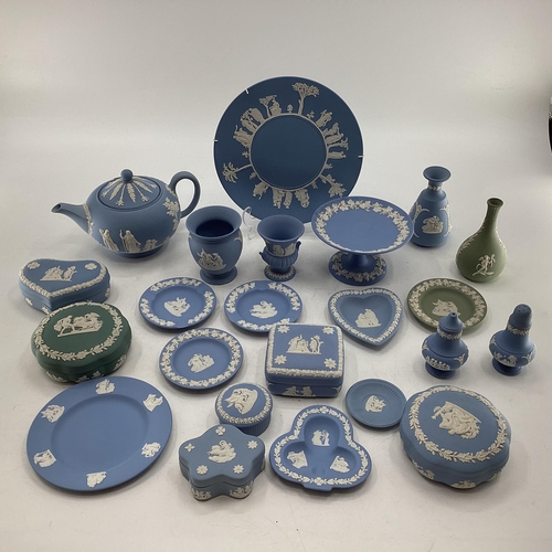 327 - Large collection of Wedgewood Jasperware ceramic items blue and green examples to include teapot, he... 