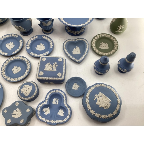 327 - Large collection of Wedgewood Jasperware ceramic items blue and green examples to include teapot, he... 