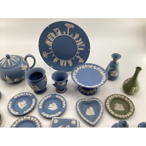 327 - Large collection of Wedgewood Jasperware ceramic items blue and green examples to include teapot, he... 