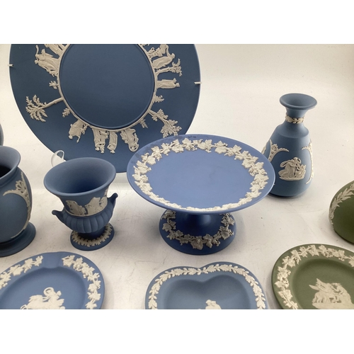 327 - Large collection of Wedgewood Jasperware ceramic items blue and green examples to include teapot, he... 