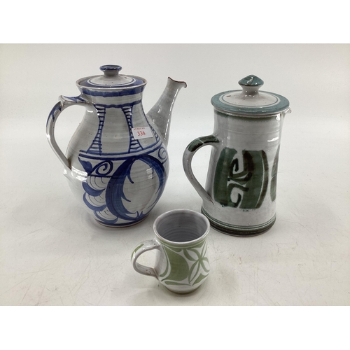 336 - Alan Caiger-Smith two lidded jugs together with a small tea cup monograms to base, largest is 25cm ;... 