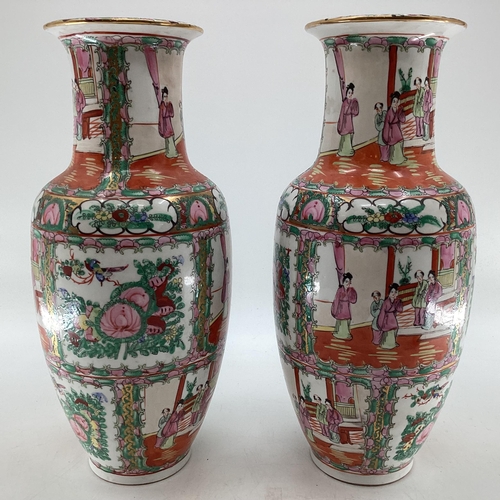 340 - Pair of Famille Rose style baluster shaped vases with red character mark to base