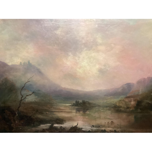 354 - Two large Scottish oil paintings by the same hand, cattle watering, and a castle in a glen, 116 x 72... 