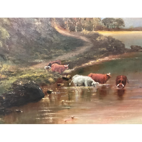 354 - Two large Scottish oil paintings by the same hand, cattle watering, and a castle in a glen, 116 x 72... 