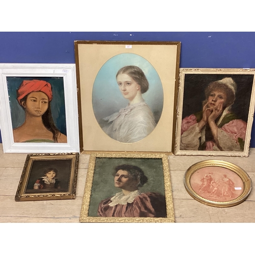 355 - A quantity of pictures to include a pastel portrait in oval mount, and other portrait pictures