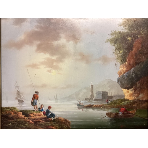 361 - C19th Italian school oil on board of a costal fishing scene in a gilt glazed frame 20x24cm