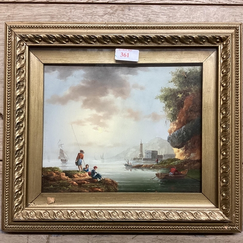 361 - C19th Italian school oil on board of a costal fishing scene in a gilt glazed frame 20x24cm