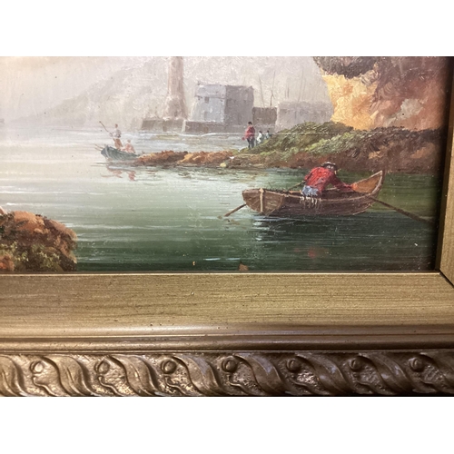 361 - C19th Italian school oil on board of a costal fishing scene in a gilt glazed frame 20x24cm