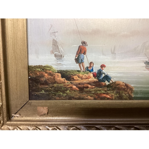 361 - C19th Italian school oil on board of a costal fishing scene in a gilt glazed frame 20x24cm